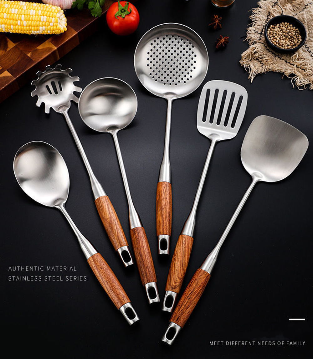 Stainless Steel Cooking Utensils for Modern Cooking and Serving Cooking Tool Stainless Steel Cooking Utensils Cooking Tool with Wood Handle Kitchen