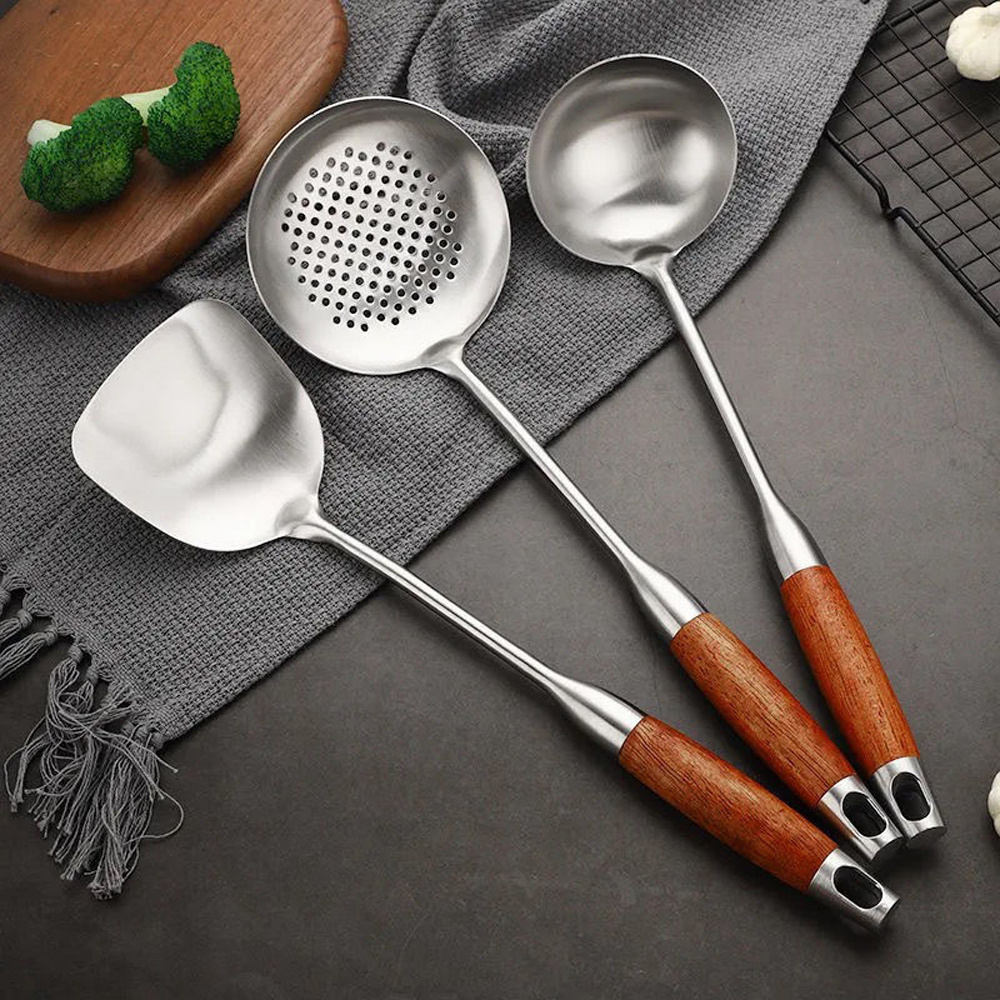 5pcs/set, Kitchen Stainless Steel Spatula Spoon Set With Holder, Thickened  Household Long Handle Kitchenware, Non-scalding Hand Spoon, Frying Shovel
