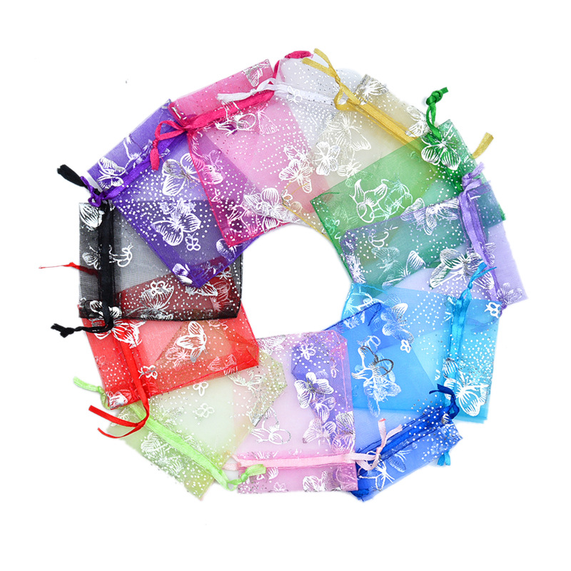 

100pcs, Luxury Butterfly Printed Organza Bags Drawable Jewelry Pouch Gift Packaging Bag Candy Bag For Wedding Party Favors Xmas Decorations, Small Business Supplies