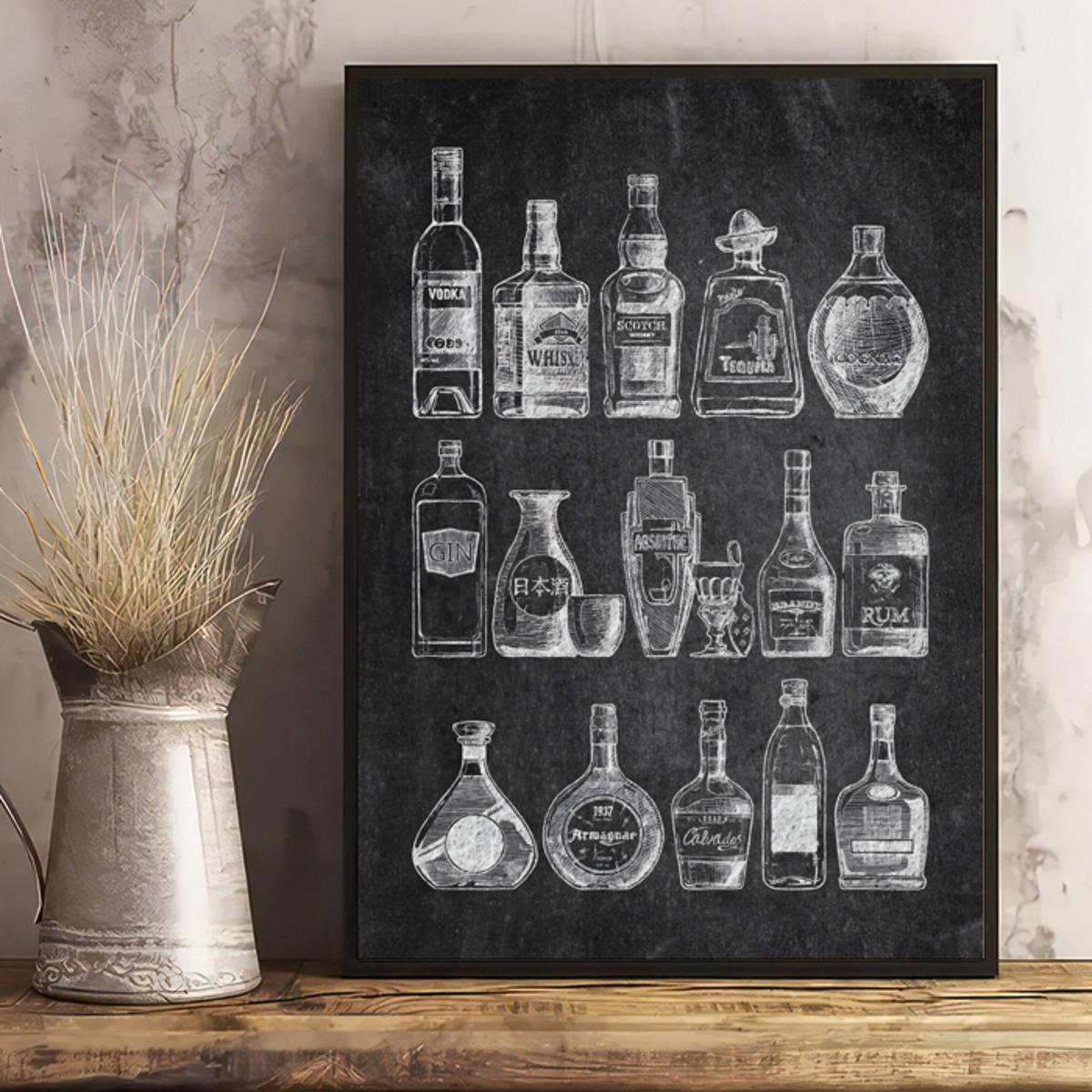 Canvas Poster, Bar Cart Wall Decor, Bottles Print, Bar Cart Art Wall