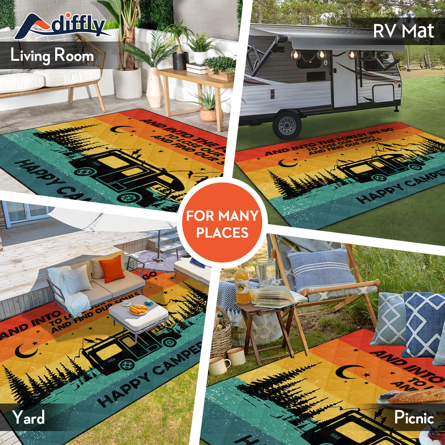 Retro Sunset Into The Forest We Go Custom Text Camping Patio Mat