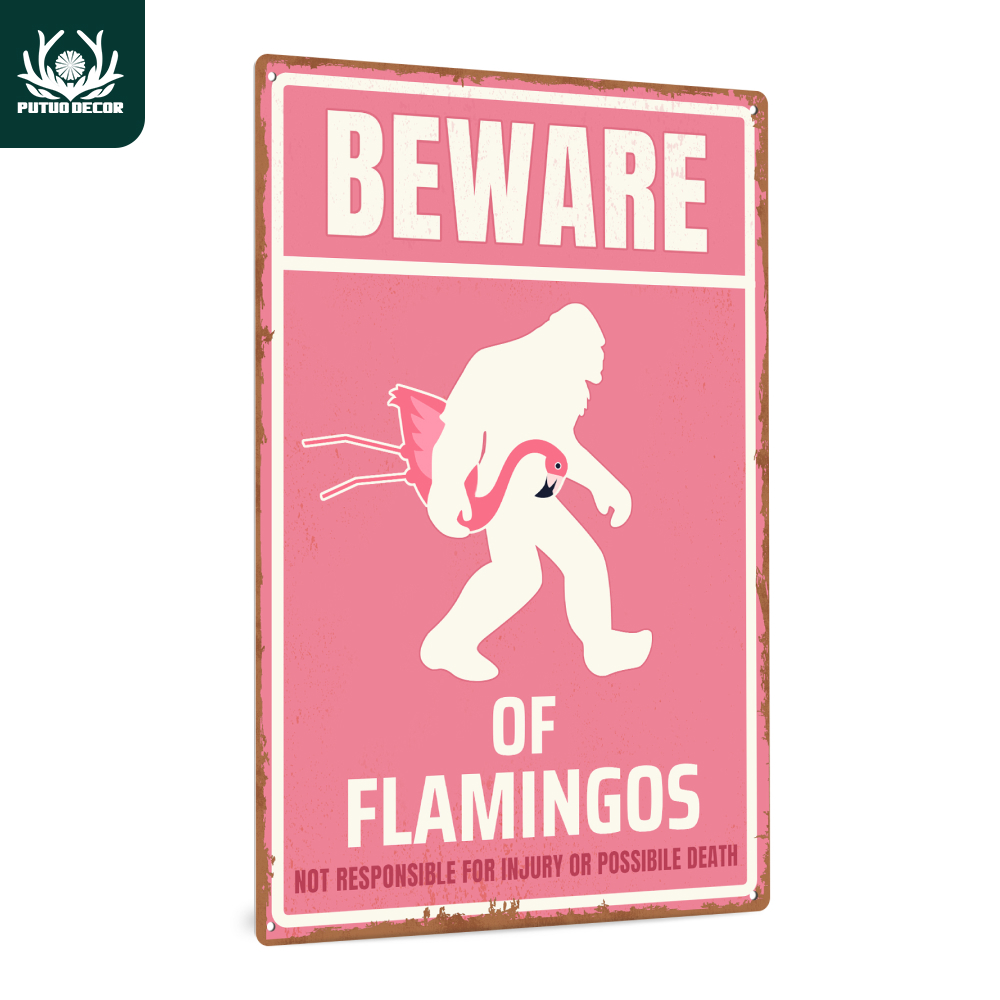 

1pc, Putuo Decor, Sasquatch Warning Vintage Metal Tin Sign, Beware Of Flamingos, Wall Art Decor For Home Yard Garden Coffee Shop (7.8 X 11.8 Inches)