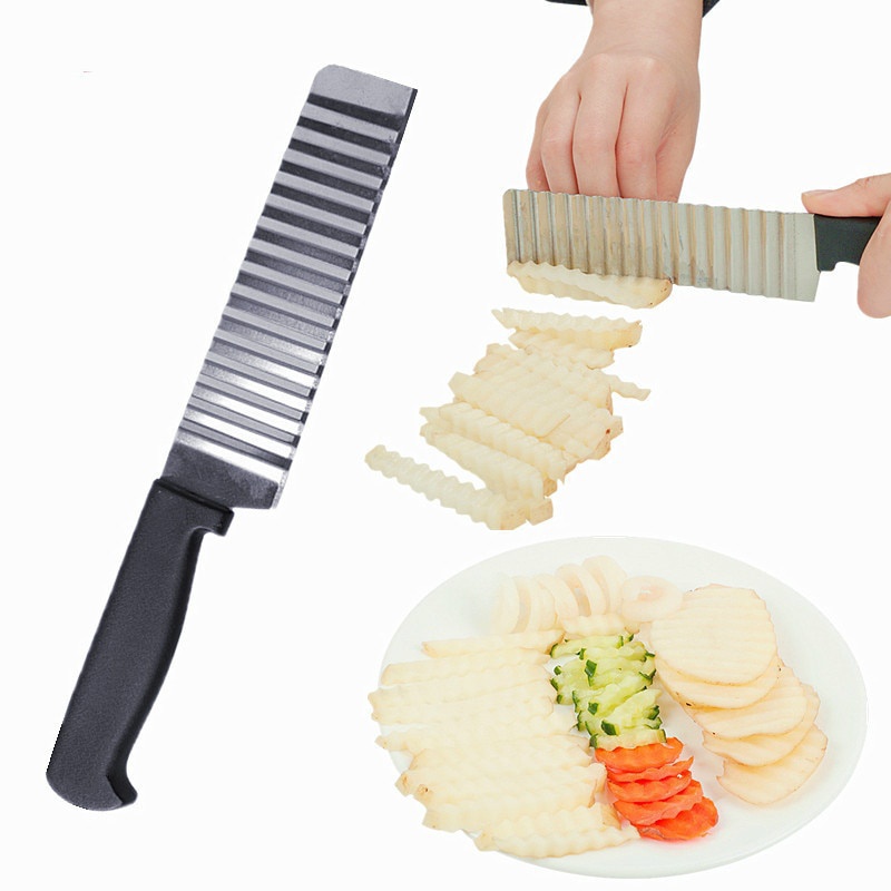 Chip Wave Knife Stainless Steel French Fries Cutter Potato Wave Cutter,  Wooden Handle, Potato Knife, Wave Knife, Vegetable Crinkle Chip Cutter Tool  for Potato Chips, French Fries, Fruits 