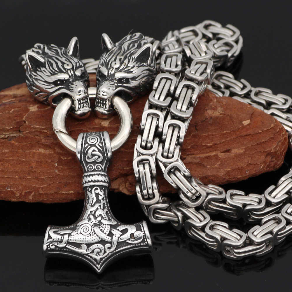 Men's Vintage Wolf Head Nordic Hammer Pendant Necklace