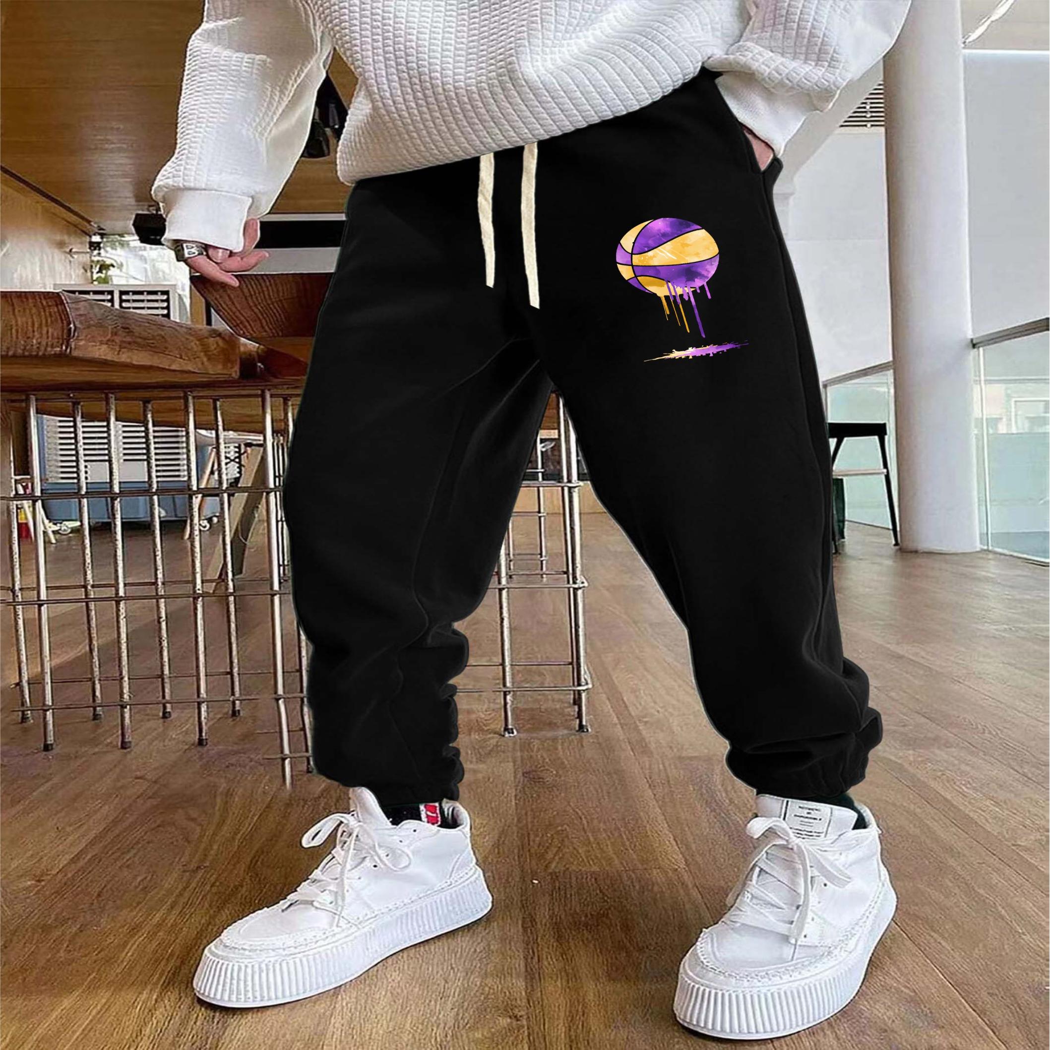 Basketball Pattern Joggers, Men's Casual Loose Fit Stretch Waist Drawstring  Sweatpants