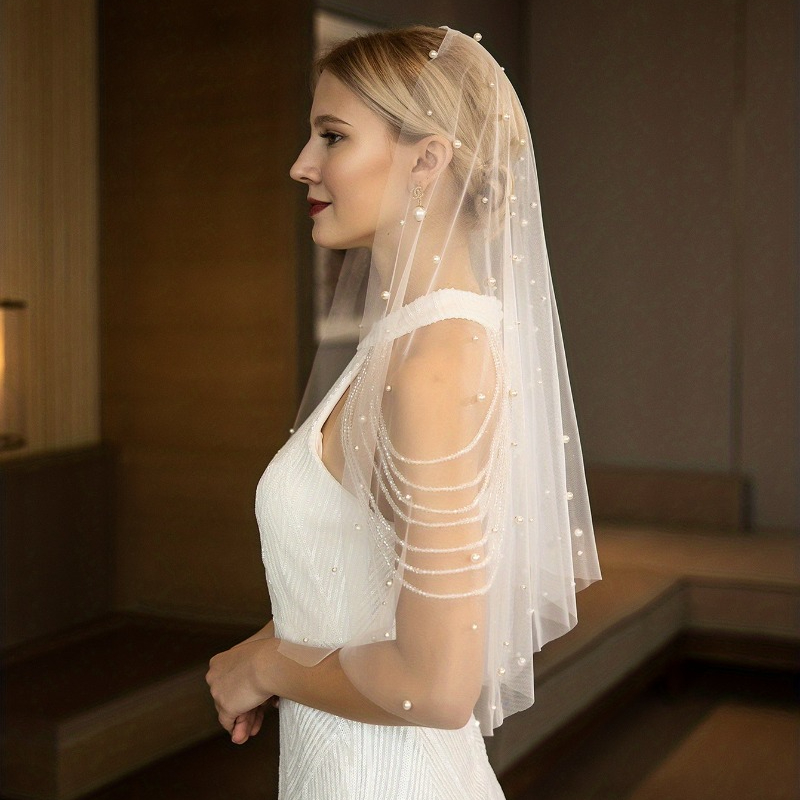 Bride Faux Pearl Veil White Wedding Bridal Tiara Veil with Many Tiers Vintage Wedding Accessories,Temu