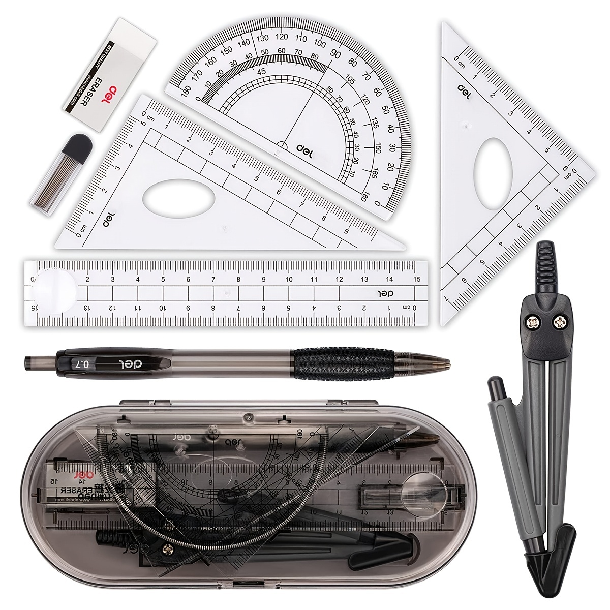 Precision, ruler, set square, compass and protractor measuring set