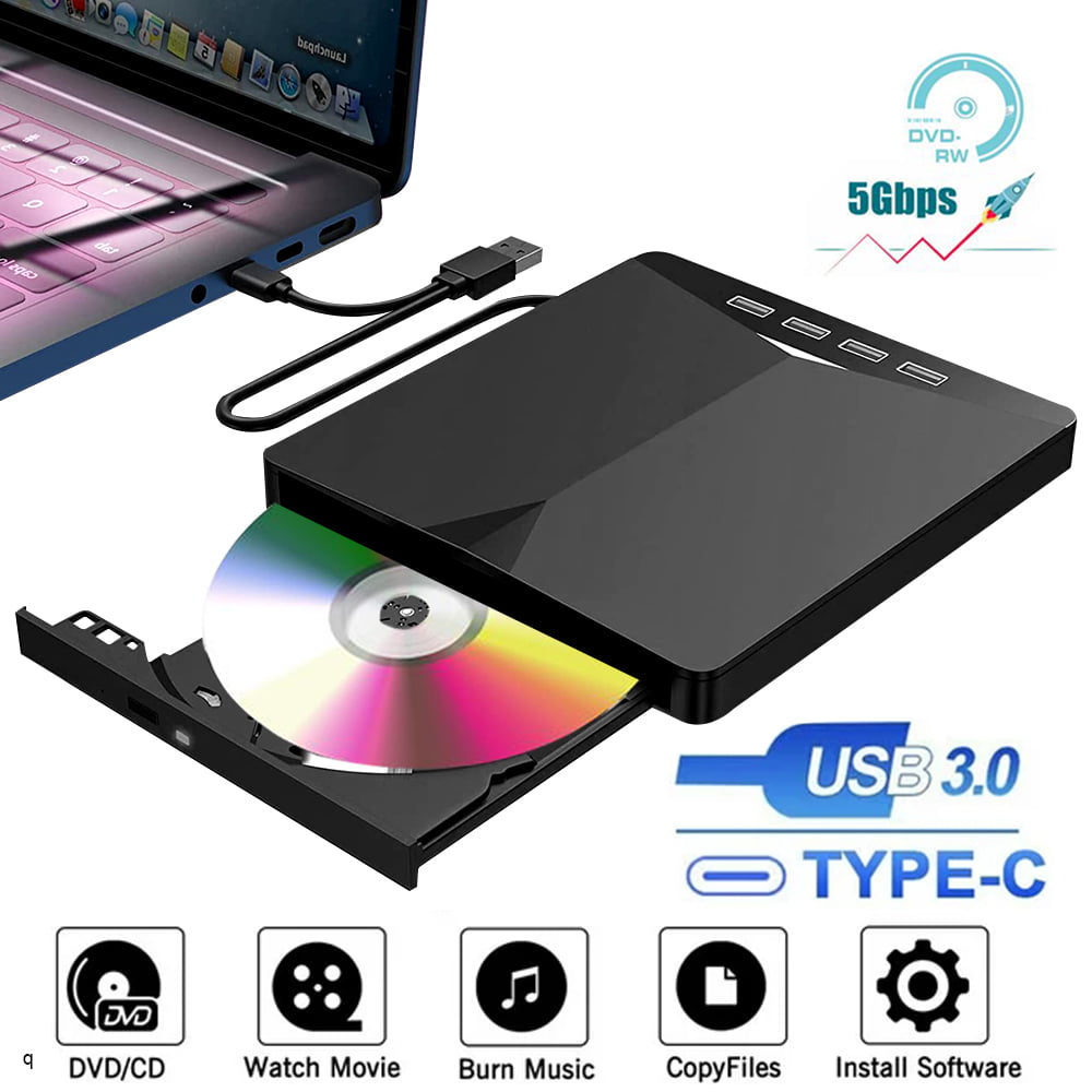 Lecteur DVD Externe, USB 3.0 CD Graveur DVD pour Ordinateurs Portables,  Type-C CD/DVD ROM +/-RW Lecteur Optique, avec 4 Ports USB et 2 Emplacements  pour Carte SD 