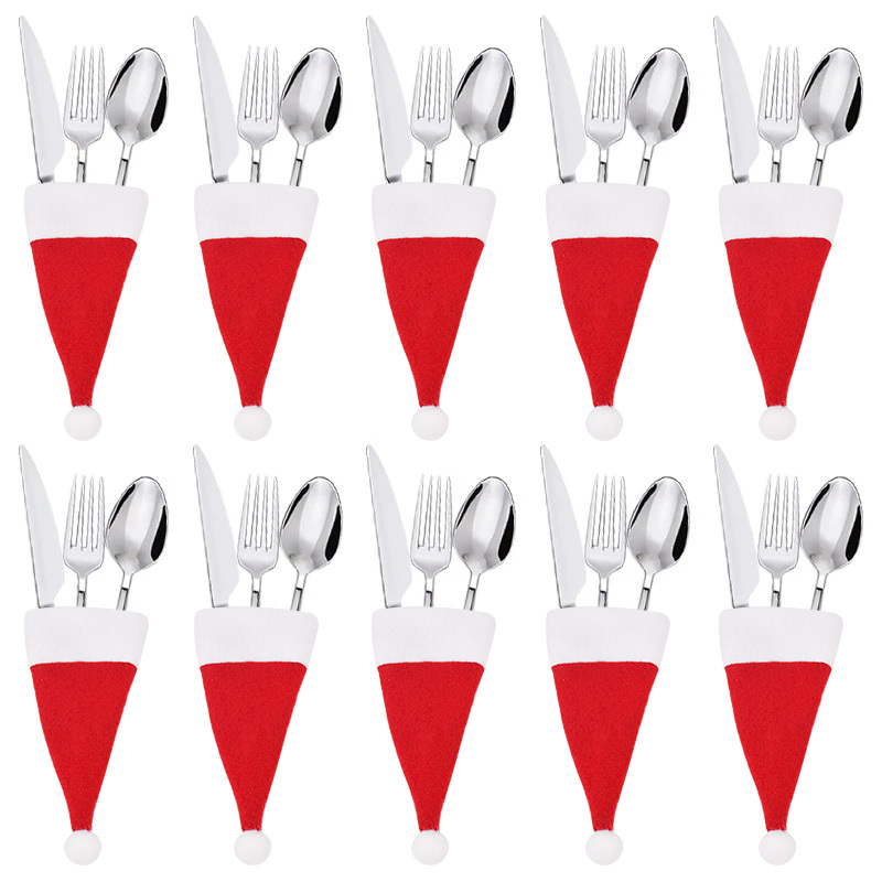 10pcs christmas decorative tableware holder bag christmas hat fork knife cutlery bag xmas home kitchen decor ornament christmas essentials details 4