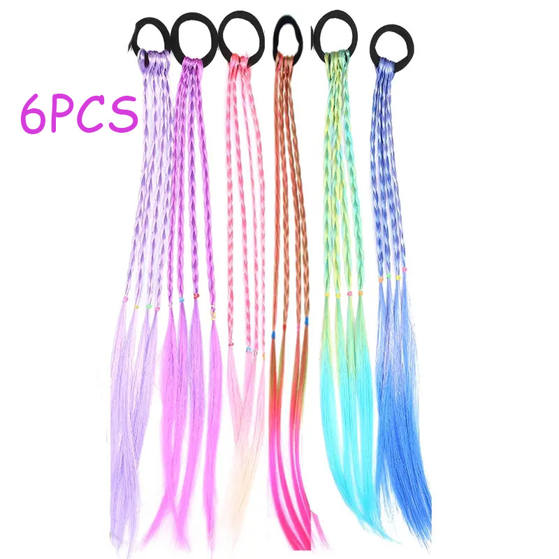 TEMU 6pcs Girls Hair Accessories Set, Colorful Braided Wig, Ponytail Holders And Rubber Bands, For Gifts