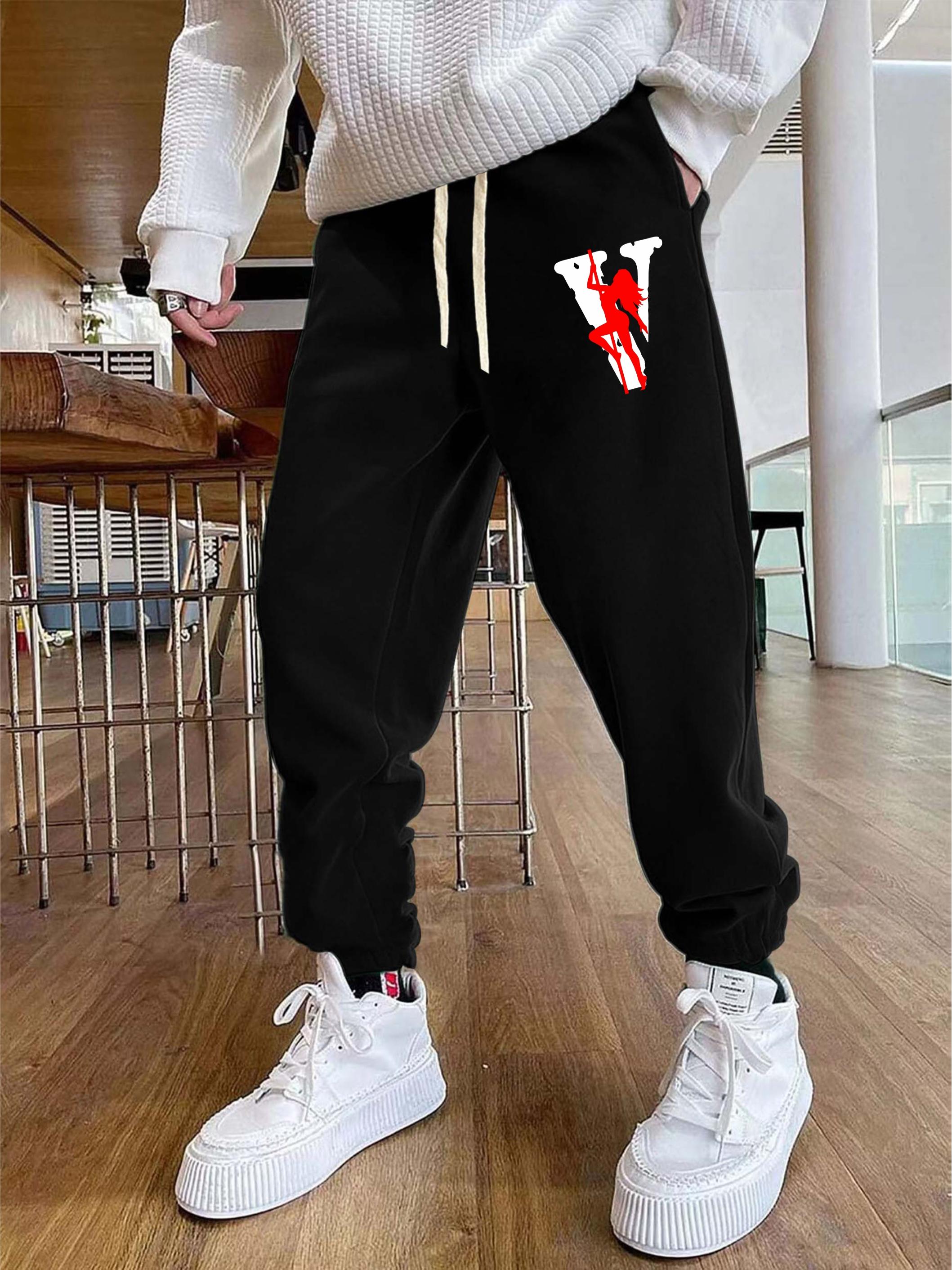 Letter V Print Drawstring Sweatpants Loose Fit Pants Mens Casual