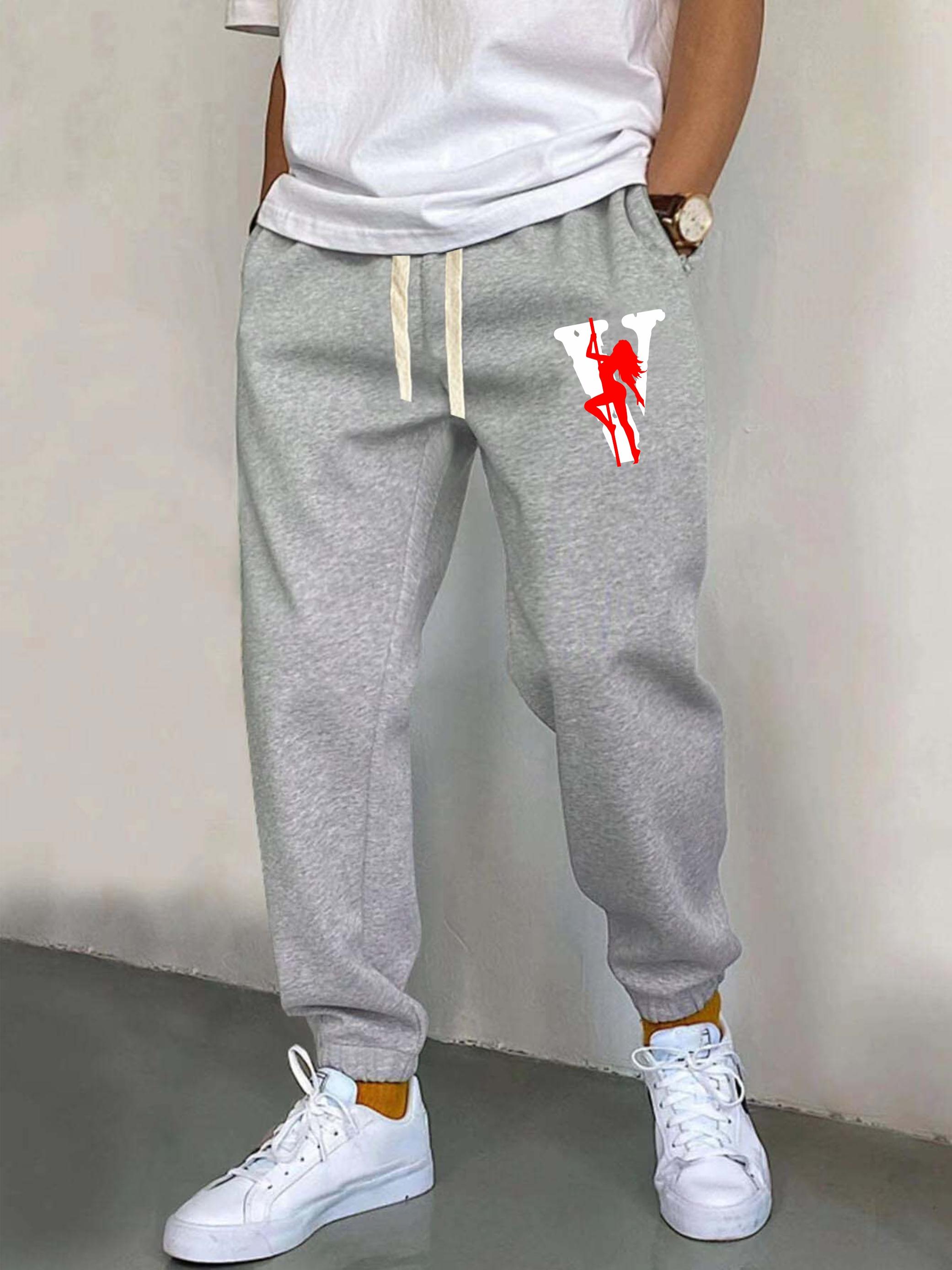 Letter V Print Drawstring Sweatpants Loose Fit Pants Men's Casual