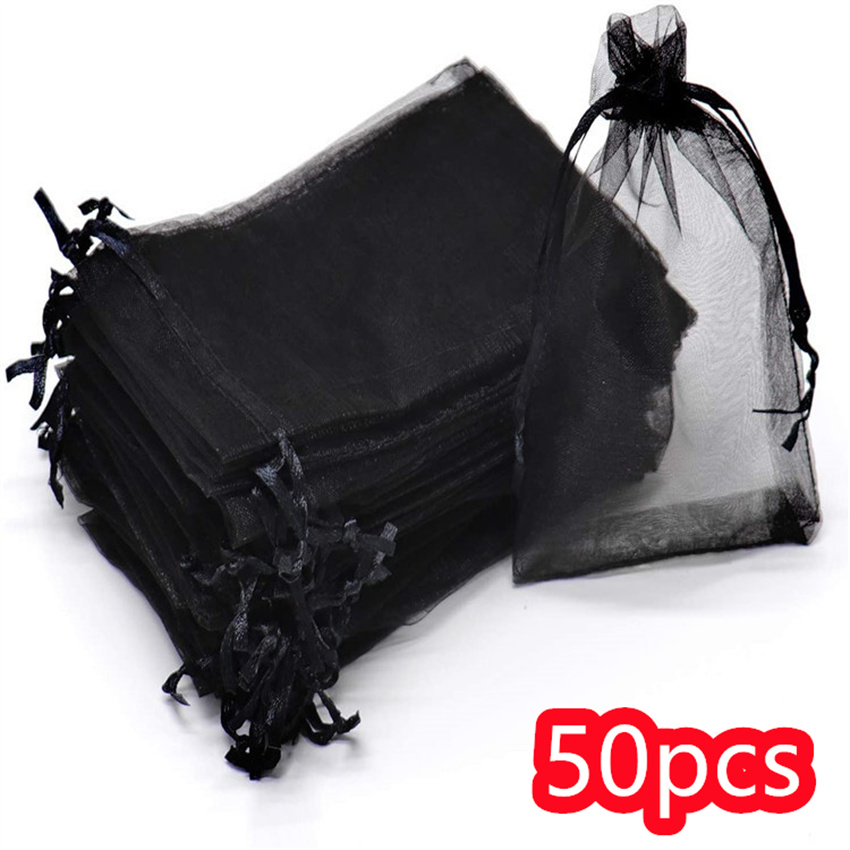 TEMU 25/50pcs, Black Organza Drawstring Storage Bag (2.75 × 3.54), Jewelry Bag, Wedding And Birthday Party Gift Decoration Bag, Cosmetic Gauze Bag,