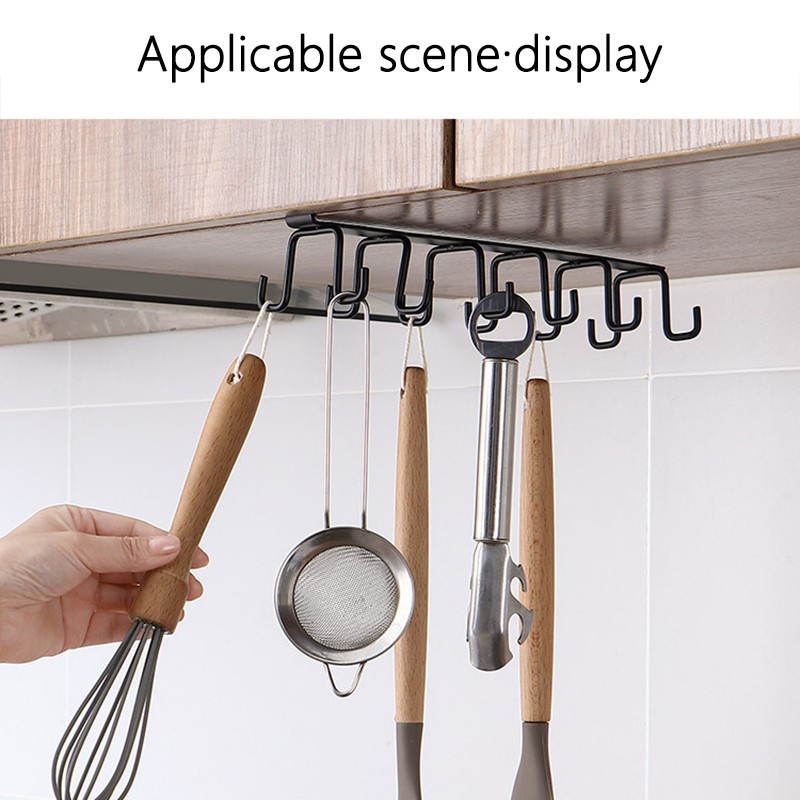 

1pc 12 Hooks Household Punch-free Wall Cabinet Hook Single Cup Holder Kitchen Iron Hook Rack Wall-mounted Storage Rack For Rags Cups Spoons