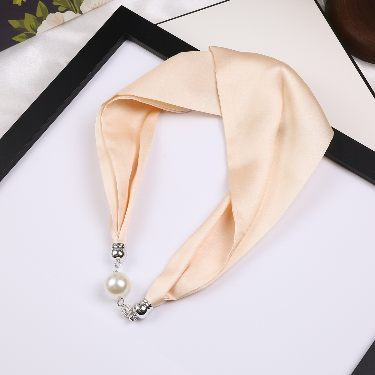 Silk Feeling Satin Ribbon Scarf Stylish Faux Pearl Button Scarf Necklace  Thin Smooth Decor Wrist Band Hairband Accessories Scarf - Temu