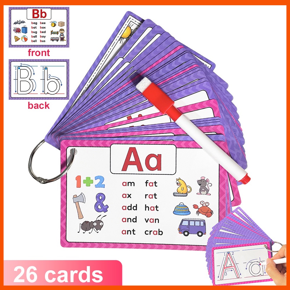 

26 Alphabet Phonics Cvc Words Learning Flashcards +1 Reasable Pen Trace Writing Abc Practice Cards Educational Toys For Children Kids Home School Supplies