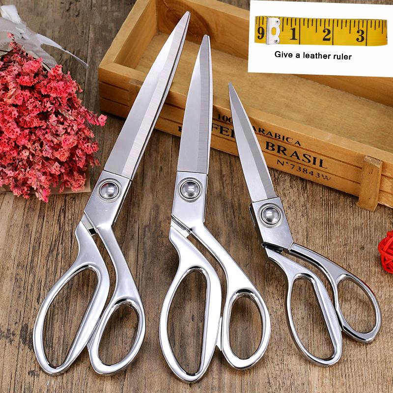 

1pc Tailor Scissors Set, Professional Manganese Steel Sewing Scissors, Silver, Multiple Sizes With Leather Ruler For Fabric, Crafts, Home Use