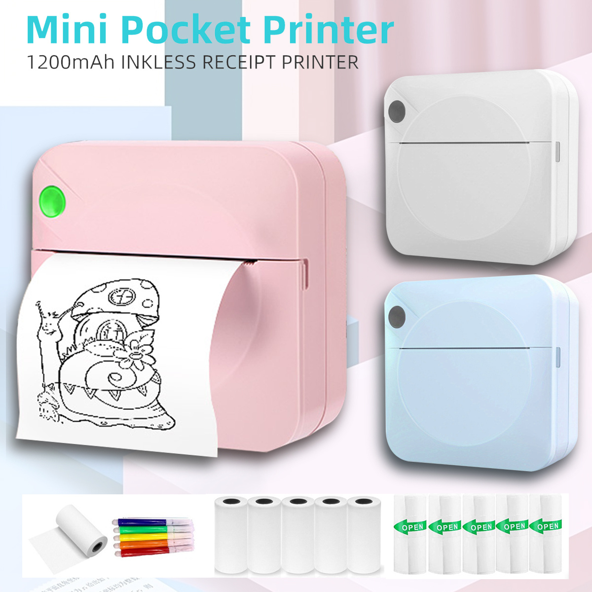 Mini-imprimante thermique de poche Portable, avec 10 rouleaux de