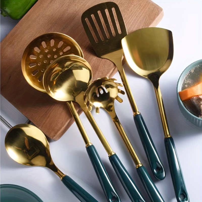 Stylish Golden Kitchen Utensils With Holder Stainless Steel - Temu