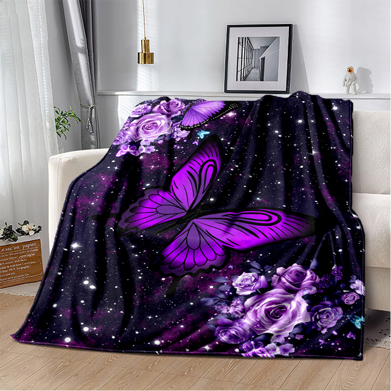 Purple Starry Sky Flower Plush Bed Throwing Cartoon Picnic Thin Blankets Modern Flannel Blanket Cover Printed Quilt Gift