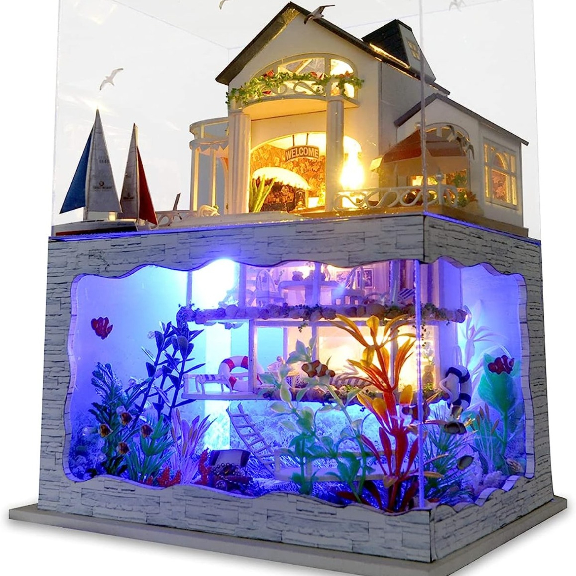 Kit de maison de poupée en bois bricolage miniature à collectionner, avec  lumières LED et housse anti-poussière S2005 -  France