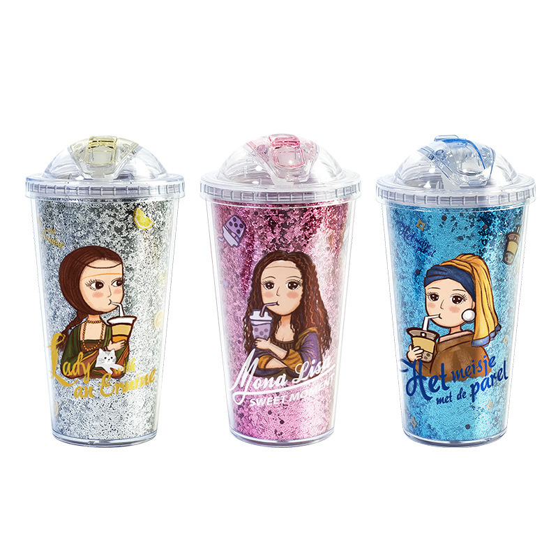 Cartoon Girl Renaissance Glitter Plastic Straw Cup Sports Water