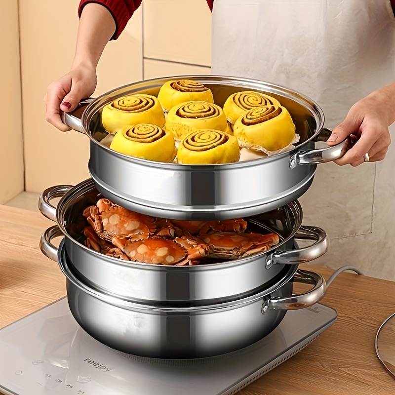 1 Set Double-layer Food Steamer Food Steaming Tool Stainless Steel Steaming  Pot 