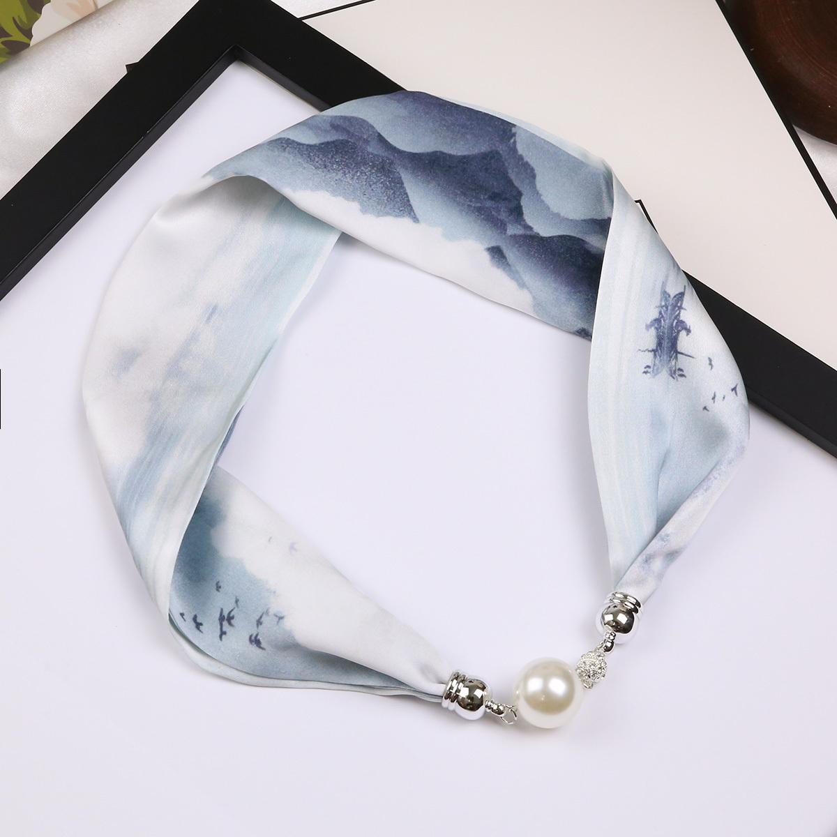 Silk Feeling Satin Ribbon Scarf Stylish Faux Pearl Button Scarf Necklace  Thin Smooth Decor Wrist Band Hairband Accessories Scarf - Temu