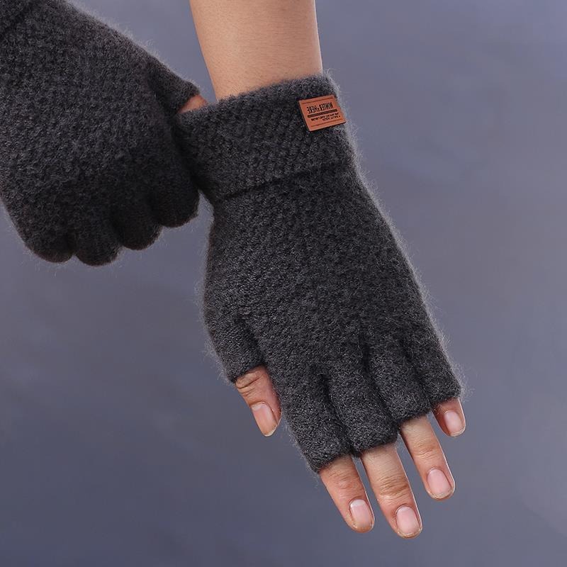 A Pair Of Men's Knitted Warm Fingerless Gloves, Velvet And