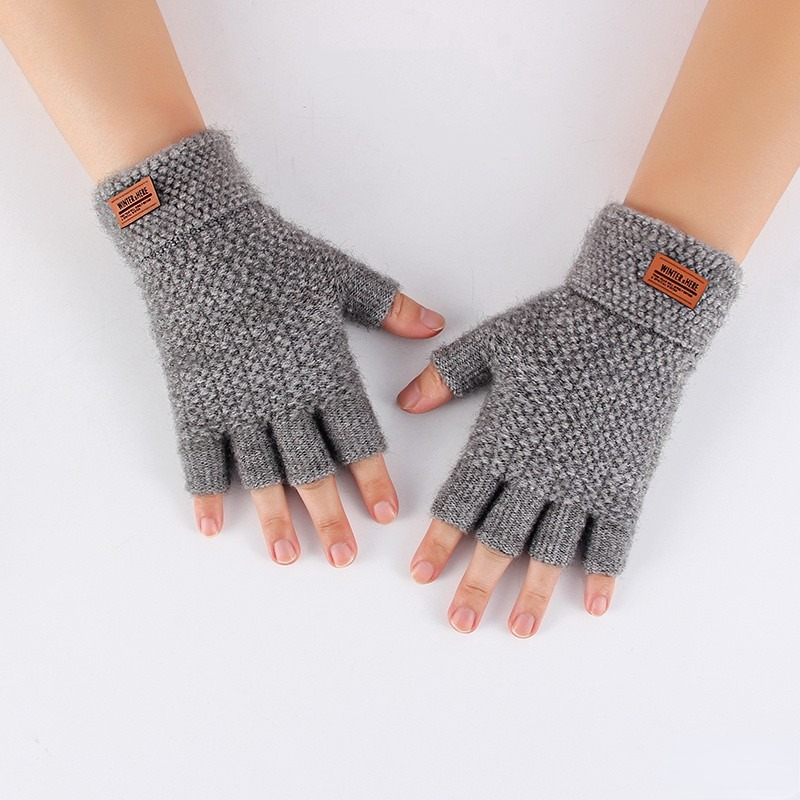 A Pair Of Men's Knitted Warm Fingerless Gloves, Velvet And