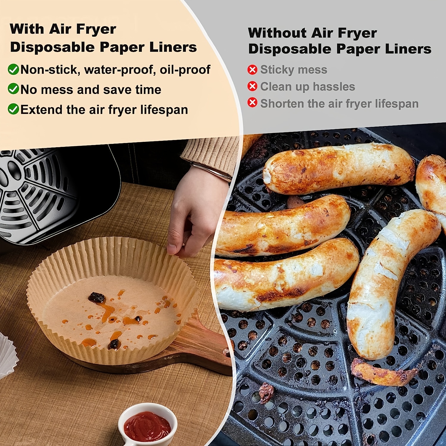Air Fryer Disposable Paper Liner, 9 inch Large Non-Stick Air Fryer Paper Pads, Baking Paper Oil Resistant, Waterproof, Food Grade Parchment for