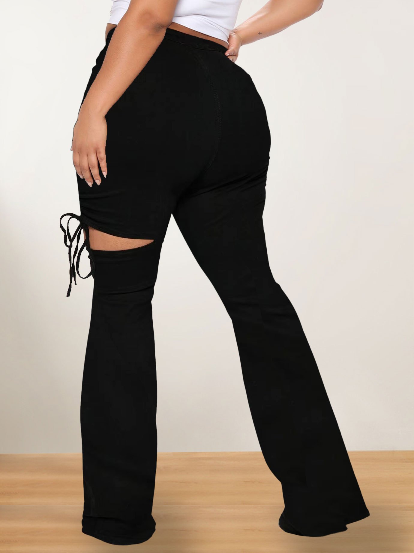 Sexy Women Plus Size Black Super Low Rise Waist Jeans Fold Flare