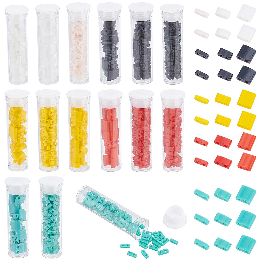 240Pcs 2 Hole Half Tila Beads 2 Colors Glass Beads Square Rectangle Mini  Opaque with Plastic Container Metallic Color 