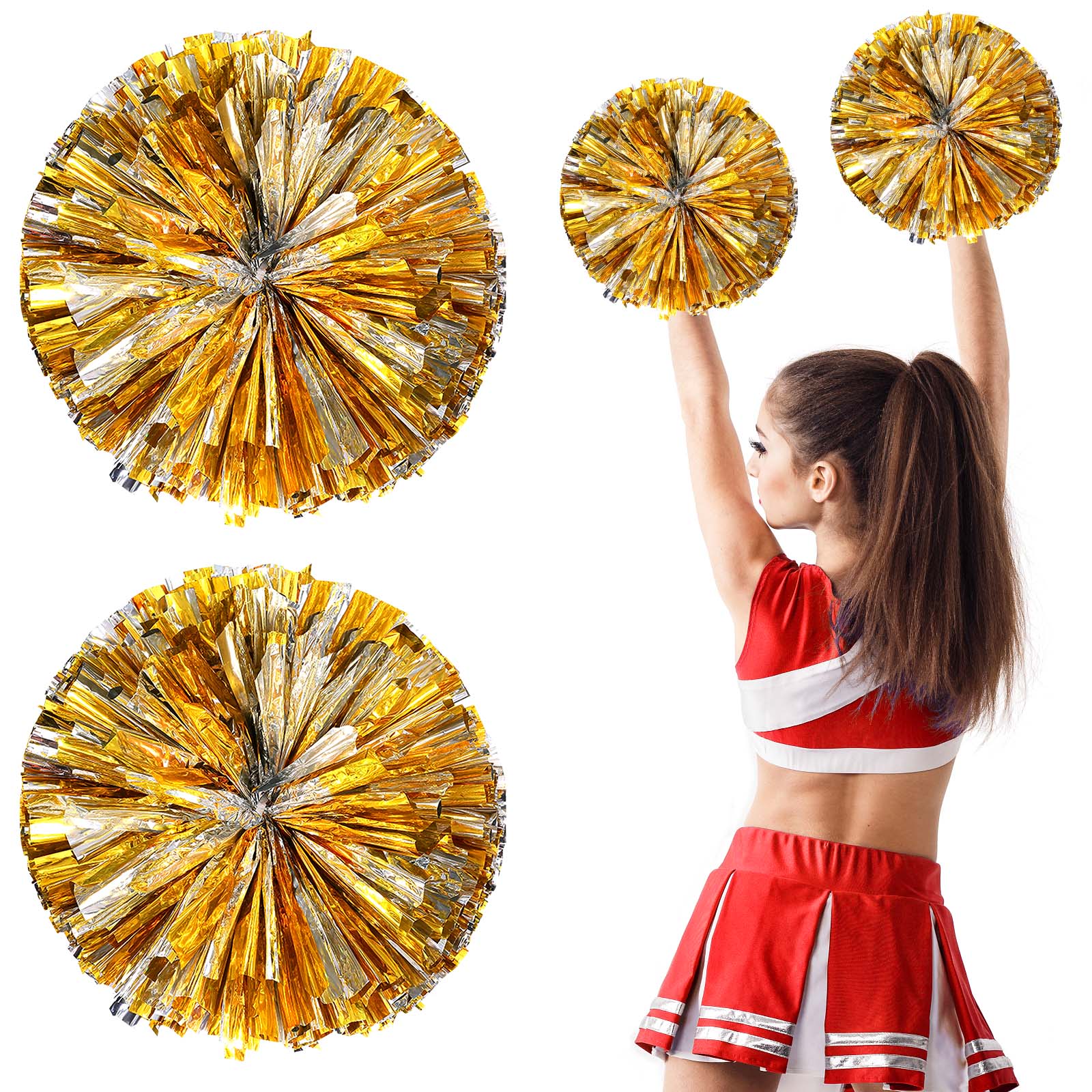 4pcs Metallic Foil Cheerleading Pom Poms, Premium Cheerleader Pompoms Kit,  Cheering Hand Flowers 9.8 Inches