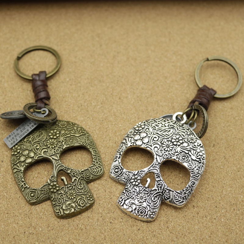 Men's Creative Alloy Bronze Skull Keychain Vintage Weave - Temu
