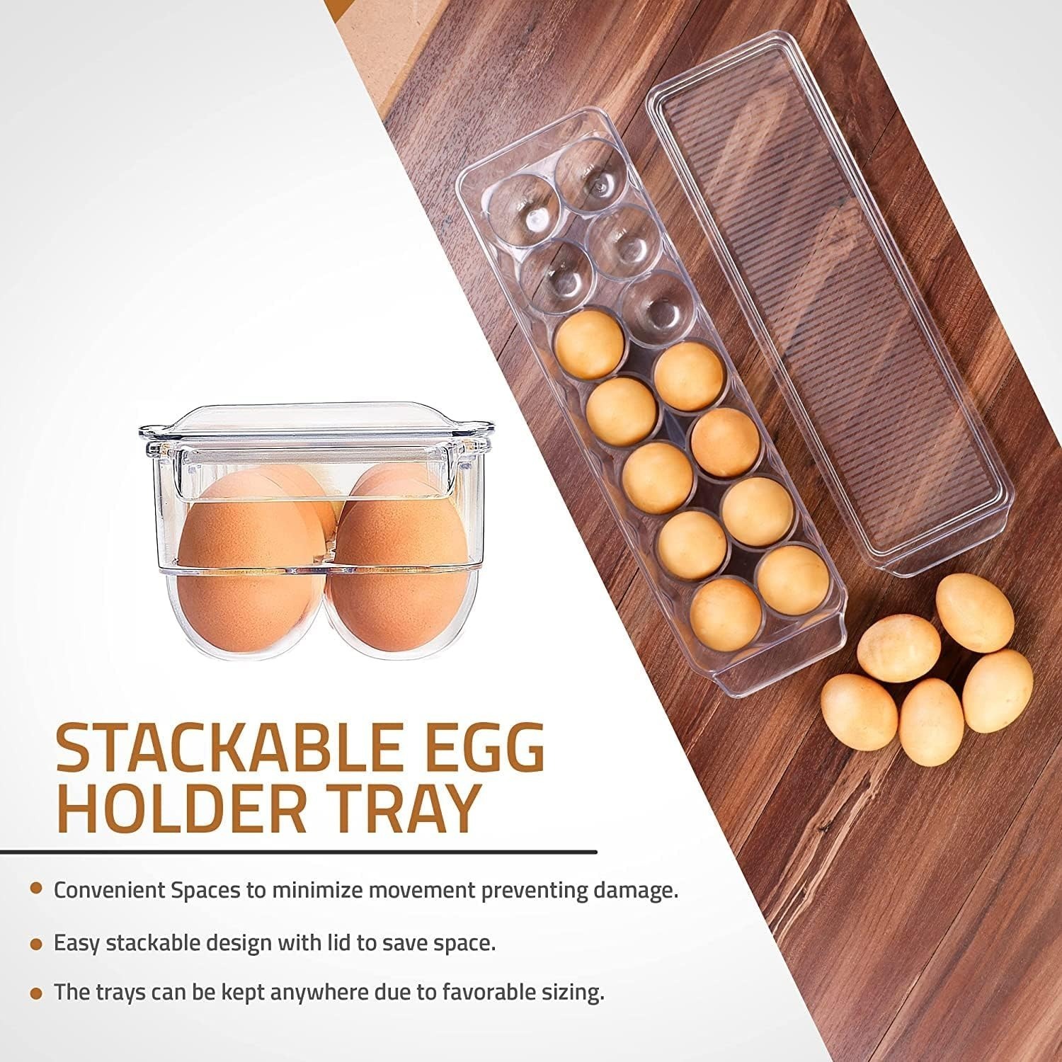 Egg Holder for Refrigerator 2 Pack, Plastic Egg Storage Container for Fridge,  Clear Refrigerator Organizer Bins with Lids, Stackable Tray Holds 14 Eggs 