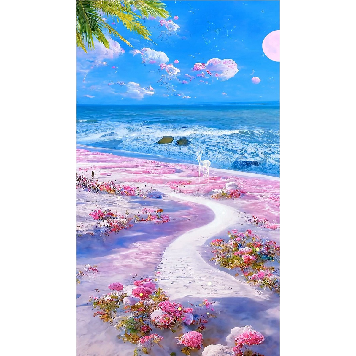 5D Diamond Painting Pink Flowers by the Sea Kit