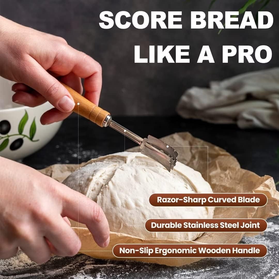 Bread Lame Premium Long Handle Bread Scoring Tool, Hand Crafted Dough Scoring Tool for Scoring Sourdough Bread with 5 Pcs Blades and Protective Cover