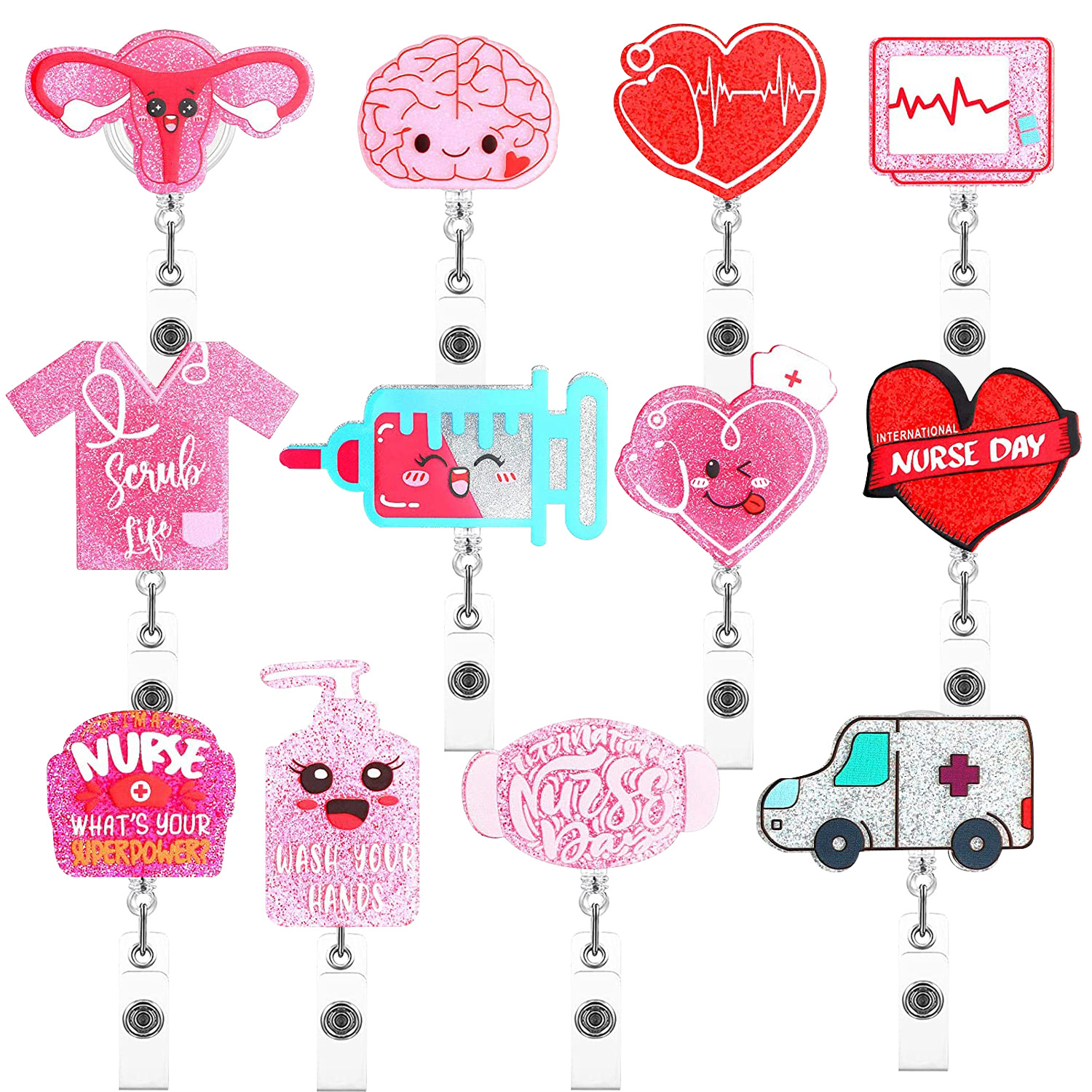 1pc Acrylic Uterus Love Clothes Syringe Mask Pattern Easy-to-pull Button, Easy-to-pull Retractable Badge Reels for Doctors and Nurses, A Gift for