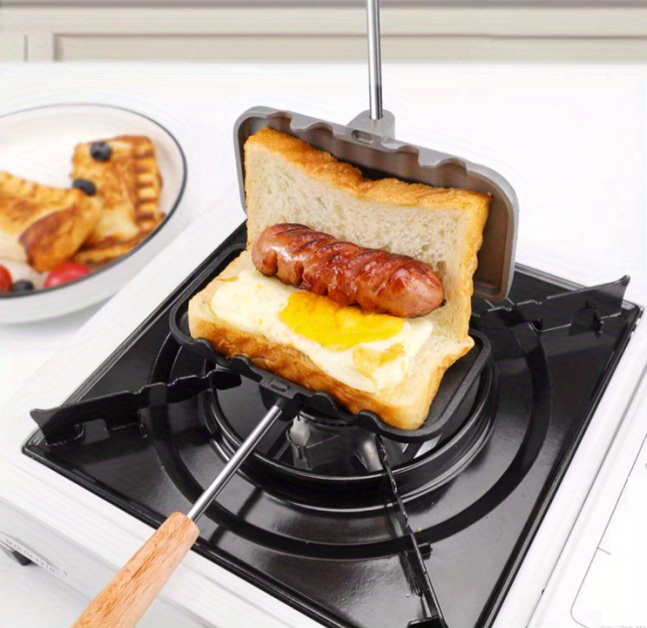 Double Sided Detachable Sandwich Cooker Camping Sandwich Maker Toaster  Portable Muffin Pan Camping Tongs with Wooden