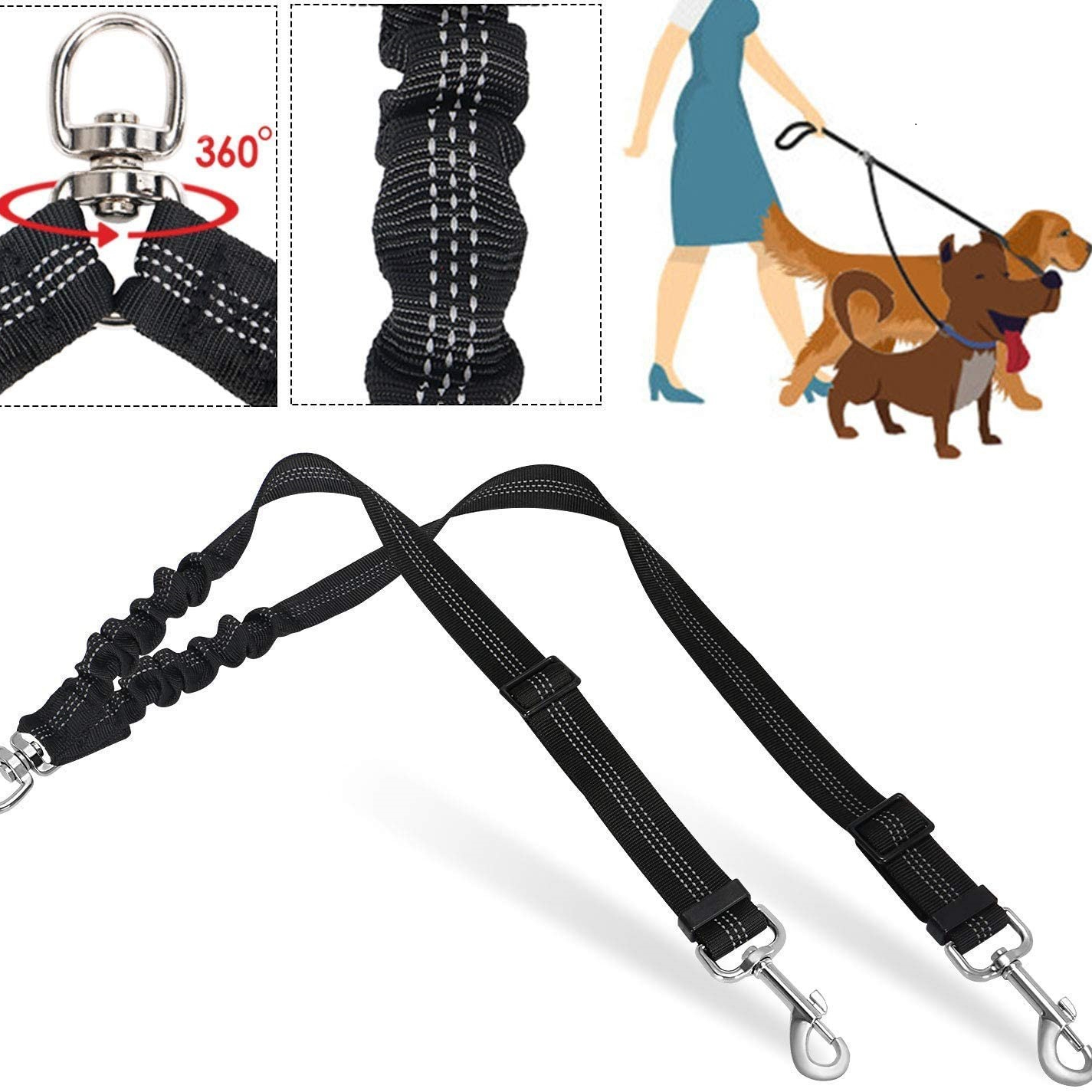 

Double Dog Leash, No Tangle 360° Swivel Rotation Adjustable Length Dual 2 Dog Lead Splitter, Comfortable Shock Absorbing Walking Training For 2 Dogs