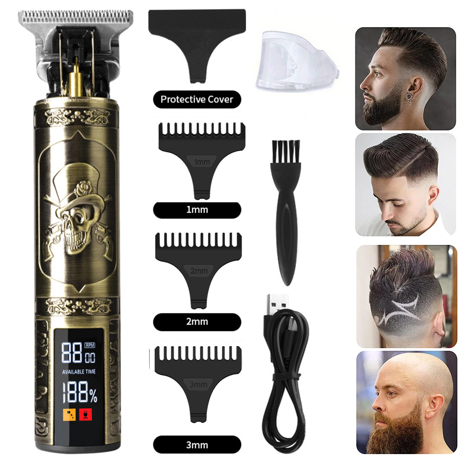 Men's Hair Clipper Trimmer, Beard Body Arm Professional Electric T-Blade  Liner Contour Trimmer Razor Grooming Kit LED Low Noise Cordless Rechargeable