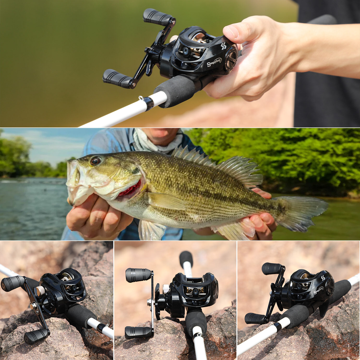 Fishing tackles - rod, reel, line and lures in box — Stock Photo © sytnik  #82775936