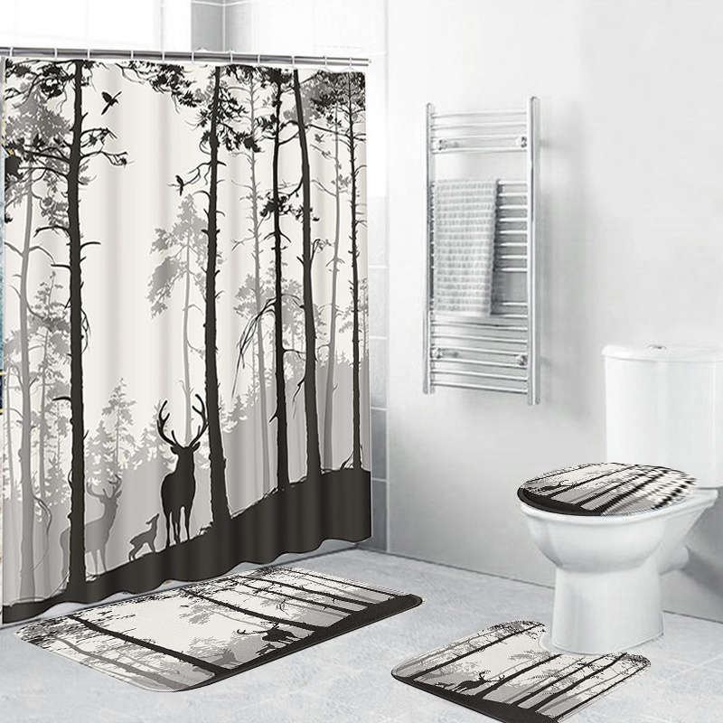 Deer Print Shower Curtain Set, Bathroom Rug, U-shape Mat, Toilet