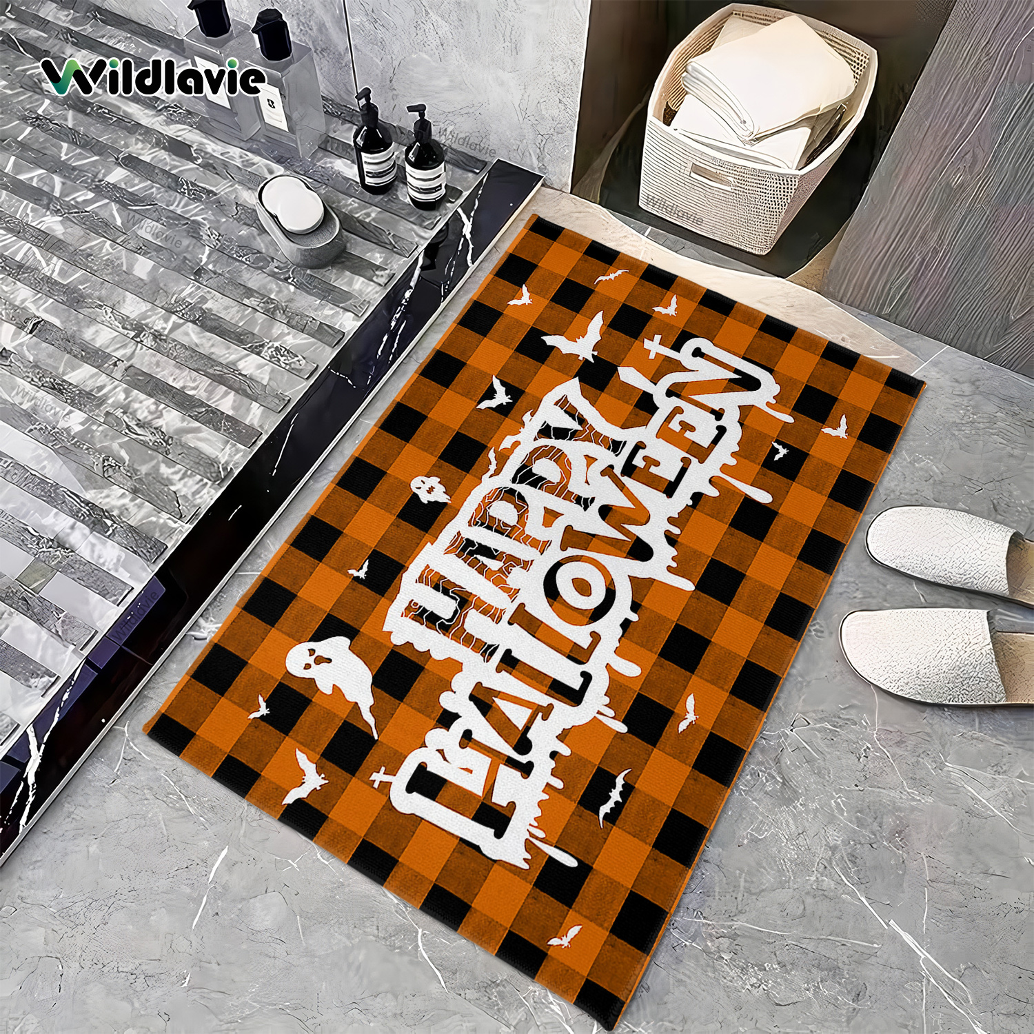 Black White Plaid Orange White Entrance Doormats Outdoor Rugs