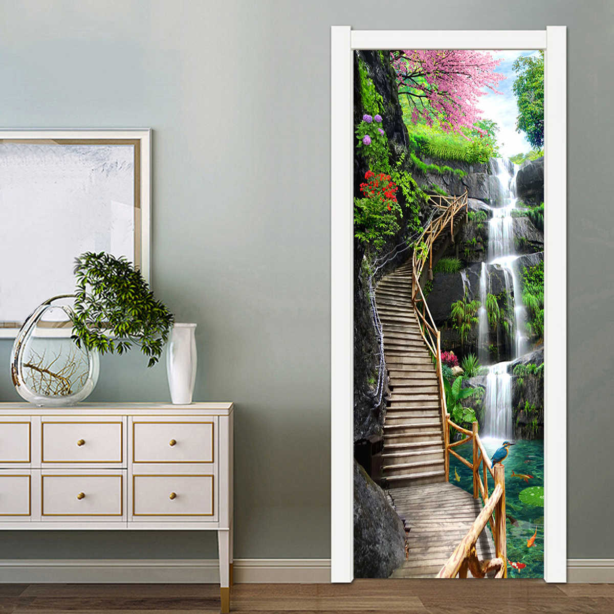 Vinilos Para Puertas Cascada De Fantasía Paisaje Llano Vinilos Decorativos  Para Puerta Pared Autoadhesivo Impermeable Pegatina De Pared 77X200Cm