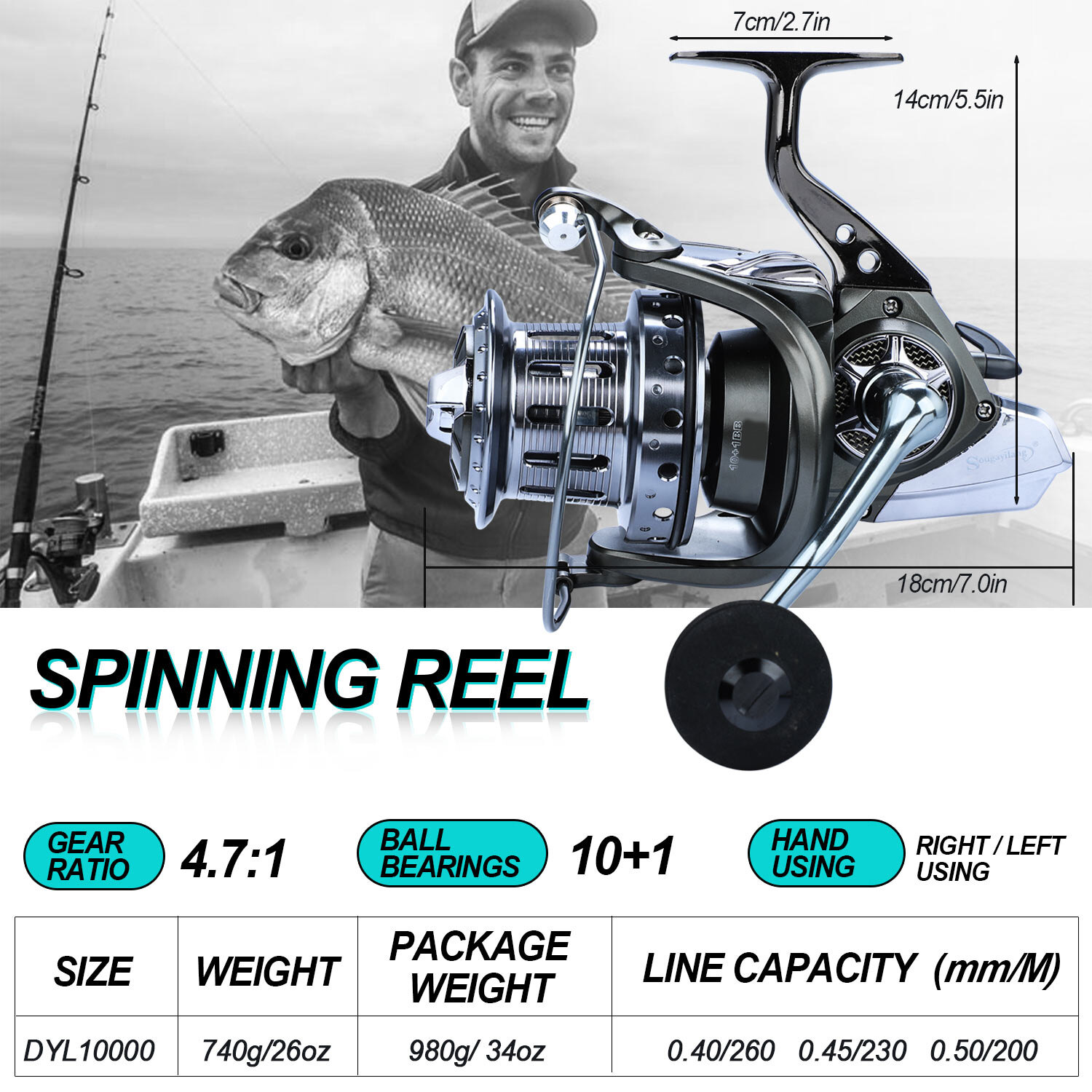 Big Strong Sea Fishing Spinning Reel 10000 Metal Spool 13+1BB Saltwater  Reel