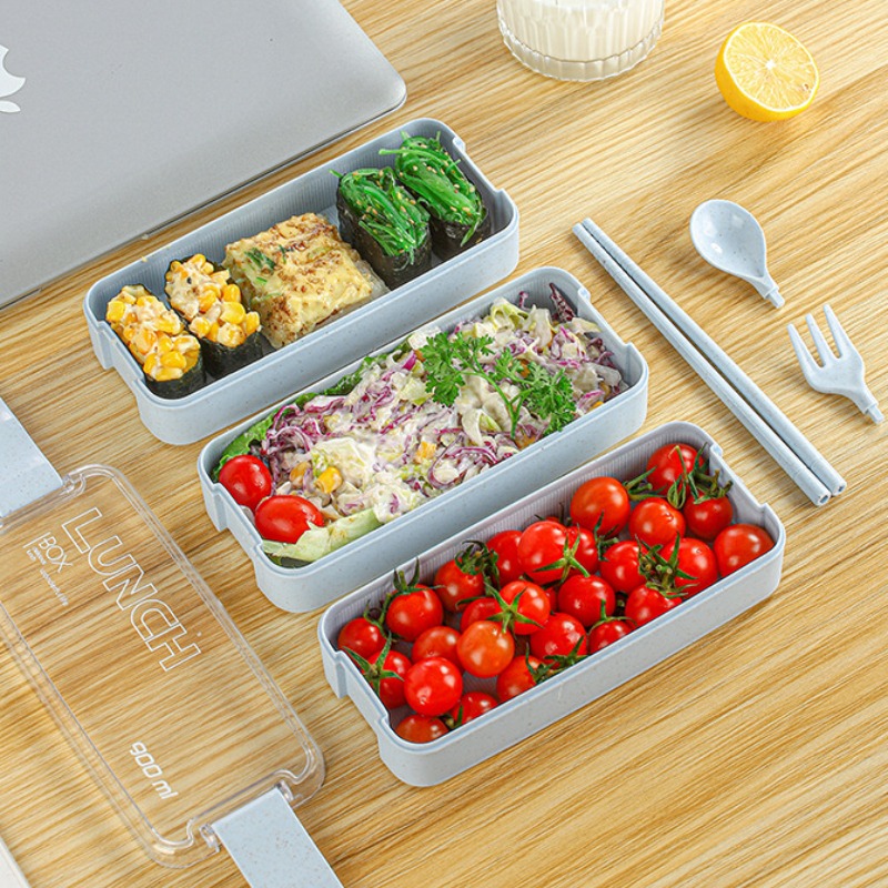 2 Layer Lunch Box Spoon Fork Dinnerware Bento Box Set Food Storage