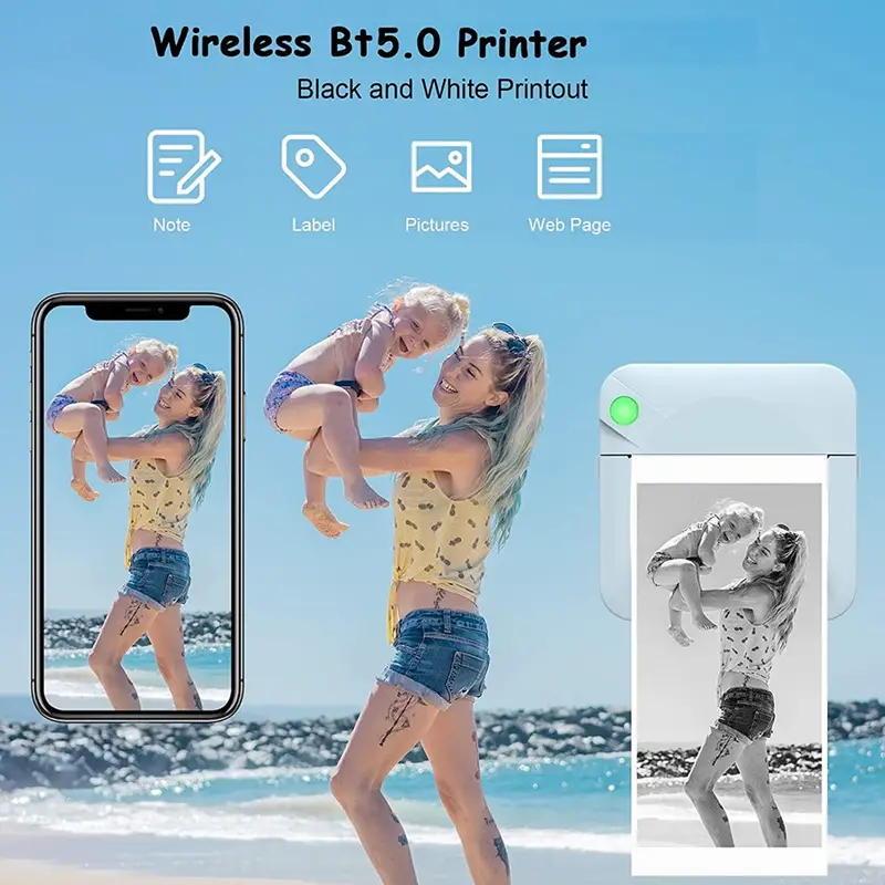 mini printer portable wireless bt thermal photo for ios android mobile phone inkless printing gift study notes label receipt with 11 roll of paper details 0