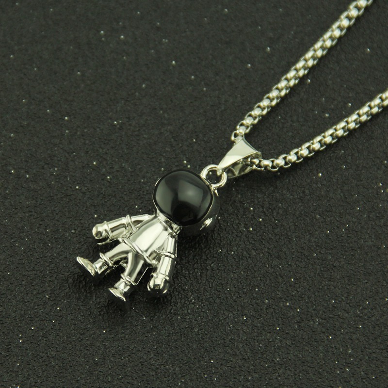 Astronaut White Gold Silver Black Pendant Chain Necklace